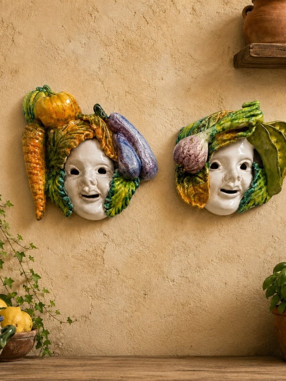 Vintage Italian Ceramic Arcimboldo-Inspired Vegetable Masks Pair Hand Painted